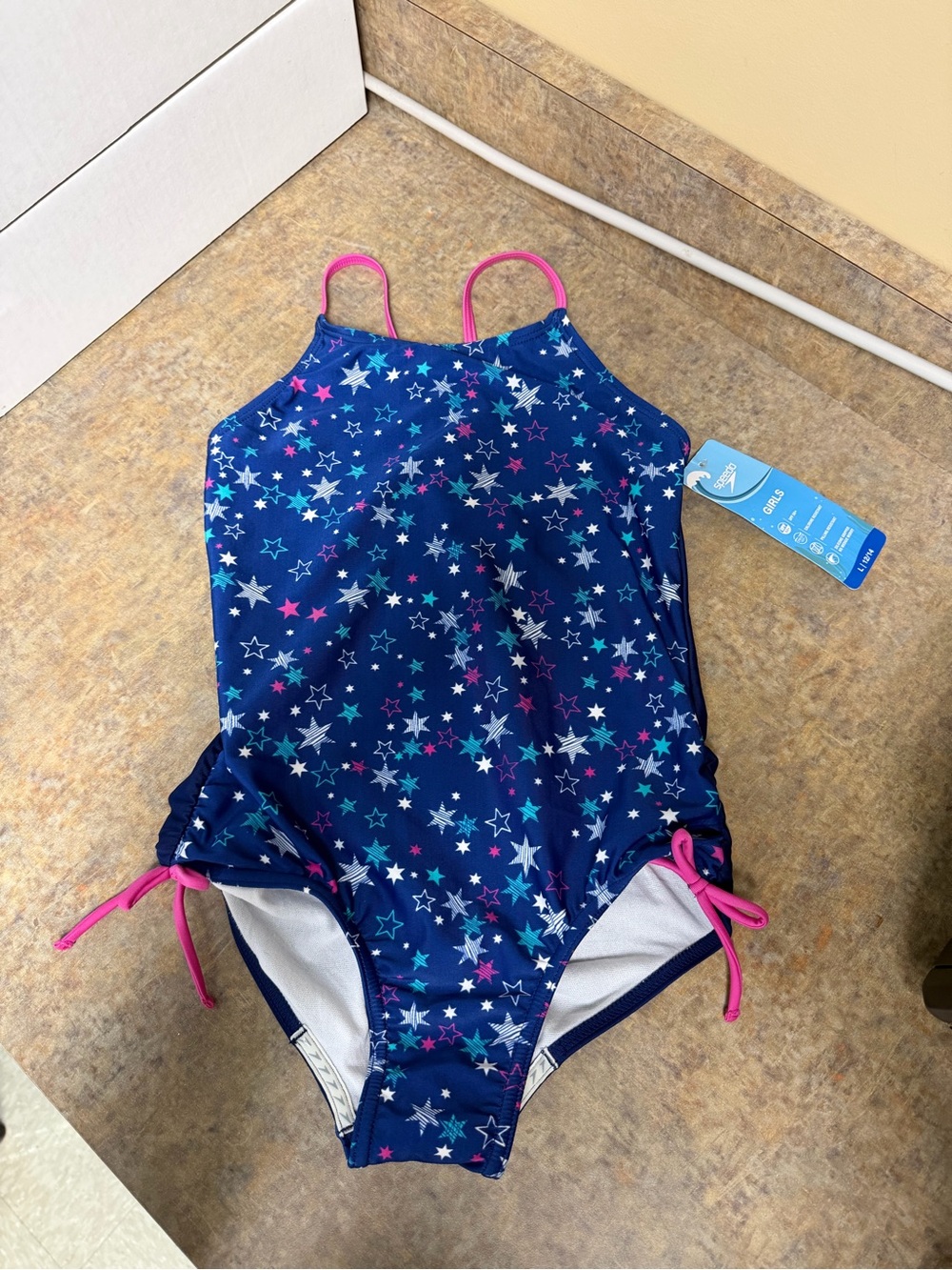 Speedo Navy Star Print One-Piece Swimsuit with Pink Straps